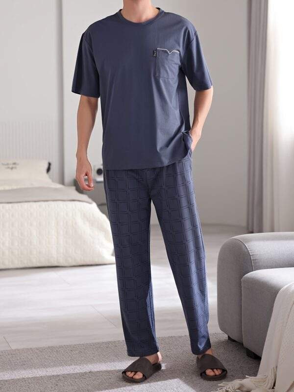 Men'S Summer Cotton Pajama Set, Casual Crew Neck Short Sleeve Long Pants with Pocket, Knit Fabric, Regular Fit, Slight Stretch, Solid Color, No Belt, Home Wear - Large Size - Image 5
