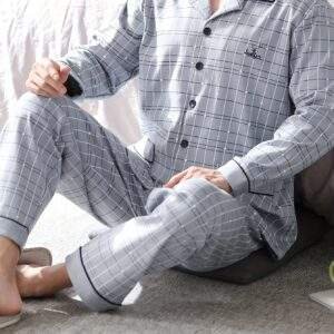Men's 100% Cotton Pajama Set with Geometric Pattern, Casual Style, Long Sleeve, Knit Fabric, Comfortable Breathable, with Pockets, Spring/Summer/Autumn Collection