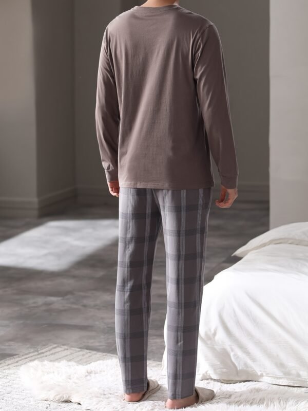 1set DOLAMI Men'S Cotton Pajama Set - Casual Crew Neck Long Sleeve Tartan PJs with Pocket, Slight Stretch Knit Fabric, Regular Fit Sleepwear for Spring/Fall - Image 2