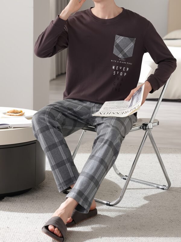 1set Men'S Casual Cotton Pajama Set, Long Sleeve Round Neck Sleepwear with Pockets, Loose Fit Knitted Pullover for Spring/Autumn - Comfortable Thin Cotton Outfit - Image 10