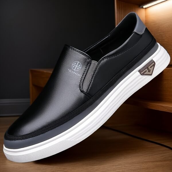 Men's Casual Slip-On Loafers - Soft Leather Upper, Comfortable & Durable, Non-Slip Rubber Sole, White with Brown Accents, Full Size Range for Casual Attire, Street Style, and Commuting, Commuting Loafers | Minimalist Loafers | Durable Construction - Image 2