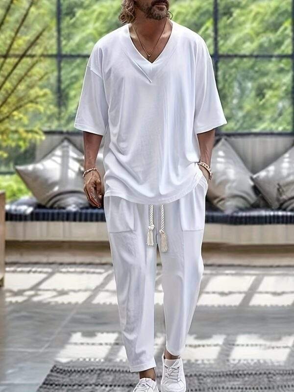 Summer Men'S Cotton Two-Piece V-Neck Short-Sleeved Top Trousers Set Casual Beach Suit - Image 5