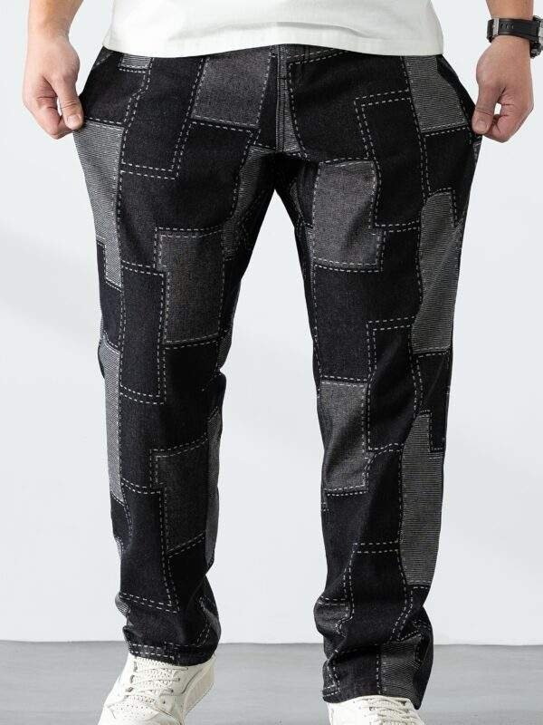 Men’s Plus Size Casual Checkered Straight-Leg Denim Pants – Loose Fit, Geometric Pattern, All-Season Blend - Image 6