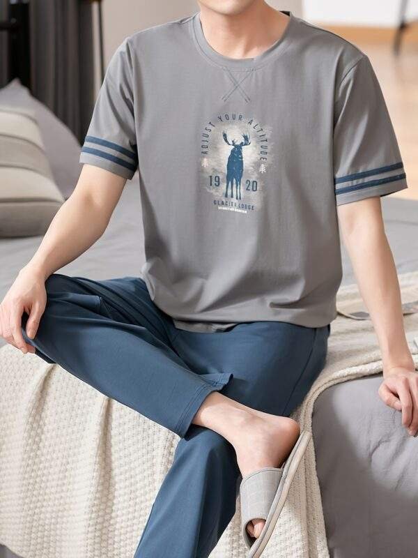 Summer Men's Pajamas Pure Cotton Short Sleeve Long Pants Slim Fit Plus Size Youth Loose Home Wear Set - Image 4