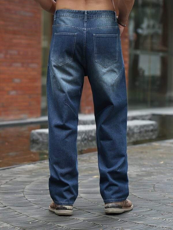 Men’s Plus Size Loose Fit Straight Leg Jeans – Washed Deep Blue Denim, Casual Non-Stretch Fabric, Spring/Fall Relaxed Fit Pants - Image 2