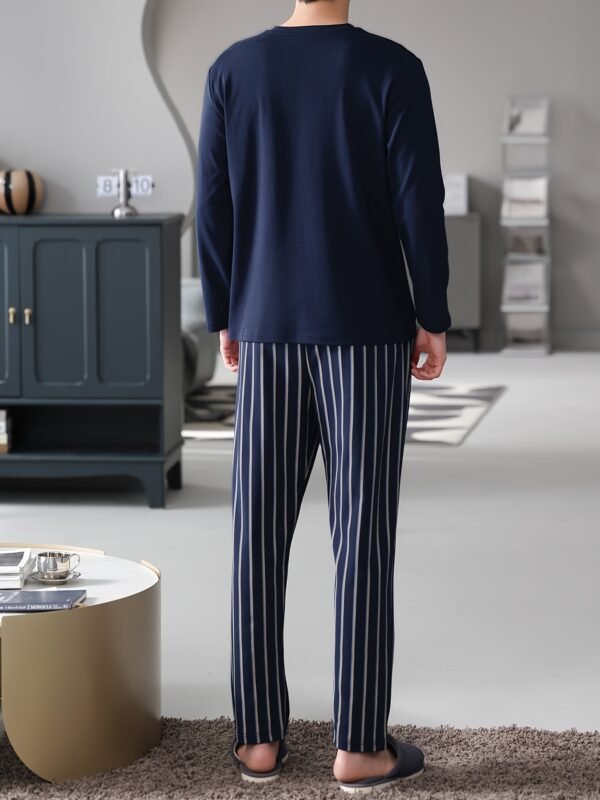 Men's Navy Blue Cotton Pajama Set - Long Sleeve, Crew Neck with Chest Pocket & Striped Elastic Waist Pants, Casual Comfortable Loungewear for Spring/Autumn, Plus Size Available, Plus Size Pajama Set - Image 6