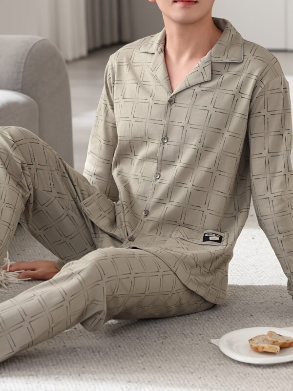 Men's Pajamas Pure Cotton Long Sleeve Spring and Autumn Thin Style Full Cotton Autumn and Winter Plus Size Middle-aged Home Clothes Set for Men - Image 2