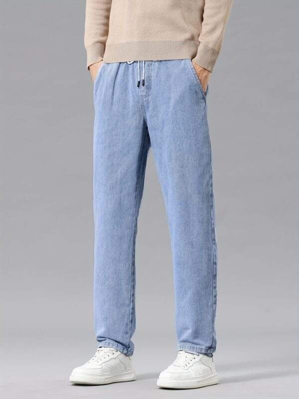 Men's Casual Washed Denim Jeans – Mid Waist Drawstring, Straight Leg, Non-Stretch, Regular Fit, Spring/Fall, 9/10 Length - Image 2
