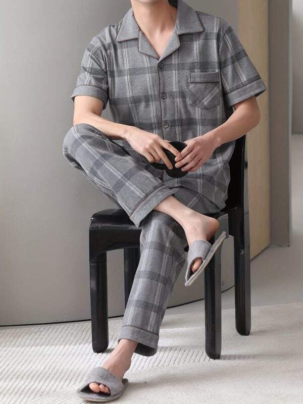 Men's Cotton Pajama Set - Lightweight, Breathable Summer Sleepwear with Short Sleeve Button-Up Top & Long Pants, Plus Size Available - Image 3