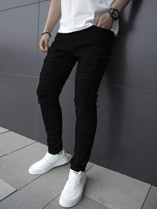 Plus Size Men’s Ripped Solid Denim Trousers – Slim Fit Cotton Blend Jeans with Pockets for Outdoor Activities - Image 3