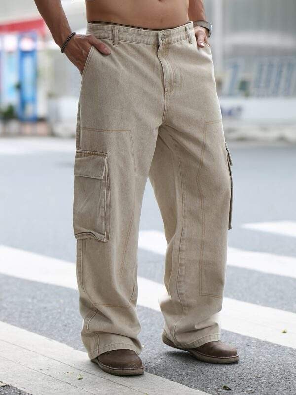 Plus Size Men’s Solid Color Loose Straight Denim Jeans with Side Pockets – Washed Work Style - Image 6