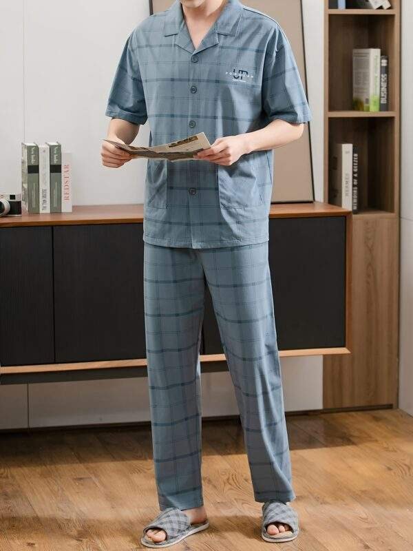 Plus Size 2 Pcs Men's 100.00% Cotton Plaid Print Lapel Short Sleeve & Trousers Pajama Set, Comfy & Skin-friendly Style Pajamas For Men's Cozy Loungewear - Image 5
