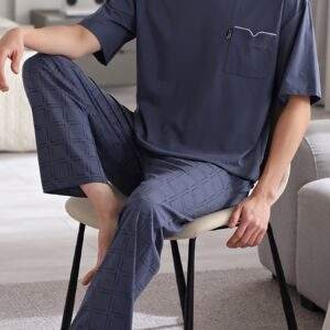 Men'S Summer Cotton Pajama Set, Casual Crew Neck Short Sleeve Long Pants with Pocket, Knit Fabric, Regular Fit, Slight Stretch, Solid Color, No Belt, Home Wear - Large Size