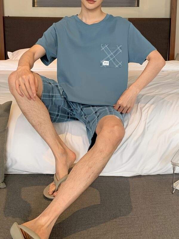 Men's Cotton Casual 2 Piece Pajama Set, Thin Short Sleeve Lounge Wear & Shorts, Fashionable Comfy Home Wear Set - Image 3