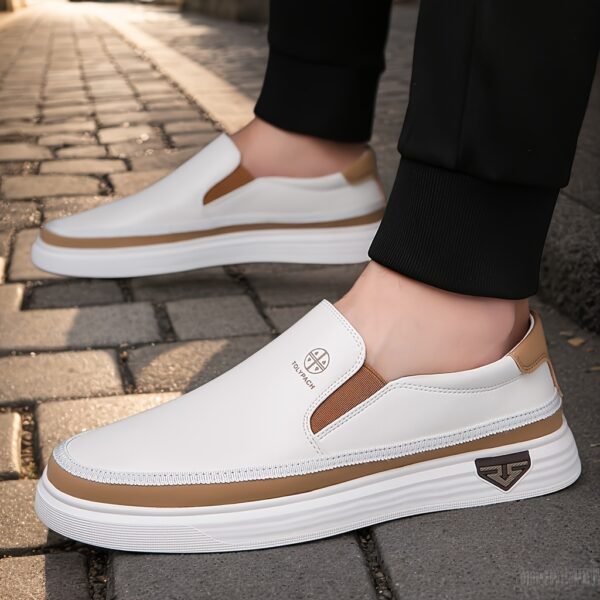 Men's Casual Slip-On Loafers - Soft Leather Upper, Comfortable & Durable, Non-Slip Rubber Sole, White with Brown Accents, Full Size Range for Casual Attire, Street Style, and Commuting, Commuting Loafers | Minimalist Loafers | Durable Construction - Image 7