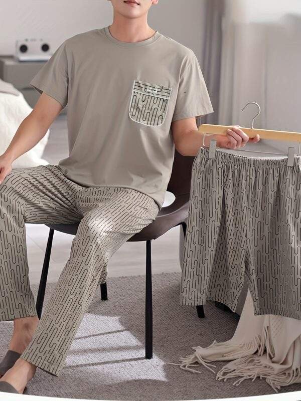 Men'S Lightweight Three-Piece Loungewear Set for Spring And Summer, Featuring Short Sleeves And Long Pants Or Shorts.