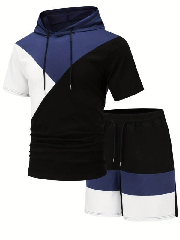 Men’s Spring/Summer Casual Sports Hoodie & Shorts Set – Short Sleeve, Three-Color Contrast, Outdoor Activewear - Image 2
