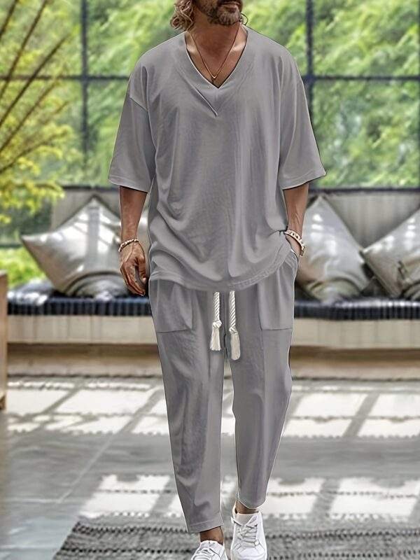 Summer Men'S Cotton Two-Piece V-Neck Short-Sleeved Top Trousers Set Casual Beach Suit - Image 4
