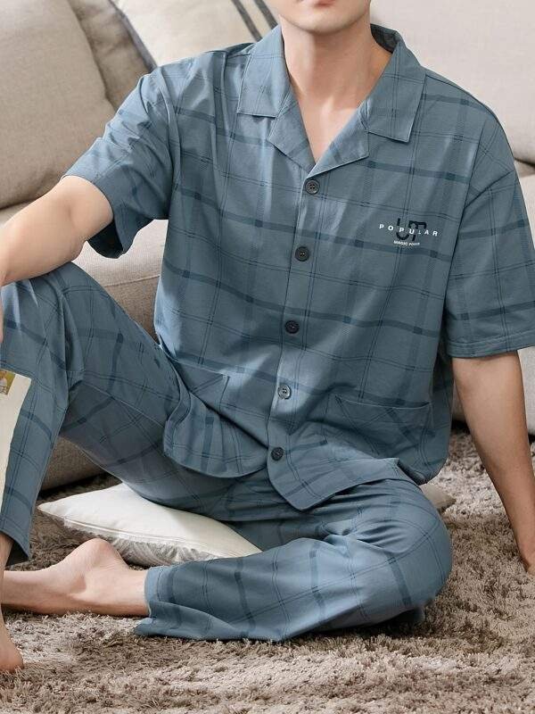 Plus Size 2 Pcs Men's 100.00% Cotton Plaid Print Lapel Short Sleeve & Trousers Pajama Set, Comfy & Skin-friendly Style Pajamas For Men's Cozy Loungewear - Image 3