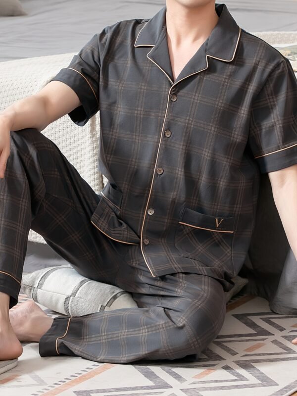 Men's Summer Pajamas with Turned Collar, Pure Cotton, Short Sleeves and Long Pants, Thin Style, Full Cotton, Plus Size, Home Wear Set for Men - Image 4