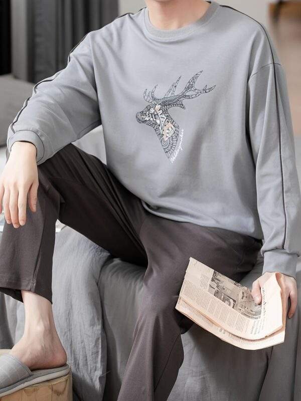 Men's 100% Cotton Sleepwear Set - Casual Spring/Fall Pajama Sets with Crew Neck, Long Sleeve, Pocket Detail, Loose Fit Knit Fabric - Comfy Solid Color Loungewear - Image 3