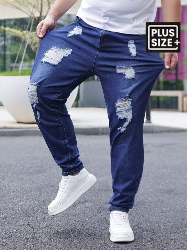 Men’s Plus Size Skinny Jeans – Dark Blue Distressed Stretch Denim, Cotton Blend, Machine Washable, Comfortable Fit, All Seasons - Image 9