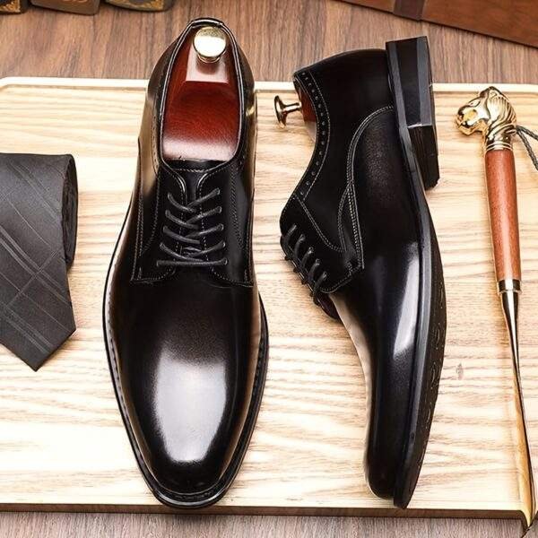 Men’s Solid Cowhide Derby Shoes – Plain Toe Lace-Up Dress Shoes with Non-Slip Sole - Image 11