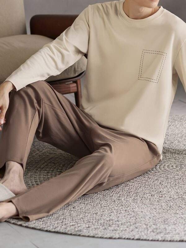 Men's Cotton Sleepwear Set - Casual Crew Neck Long Sleeve Pajama with Pockets - Geometric Pattern Knit Fabric Lounge Set for Spring/Fall - 100% Cotton Comfortable PJ Set with Slight Stretch - Image 5
