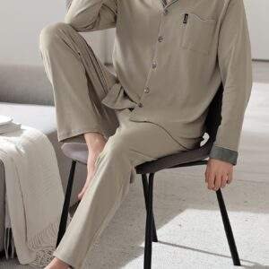 Men's Cotton Pajama Set - Casual Long Sleeve Button-Up Top & Pants, Breathable & Comfortable Loungewear for Spring/Fall