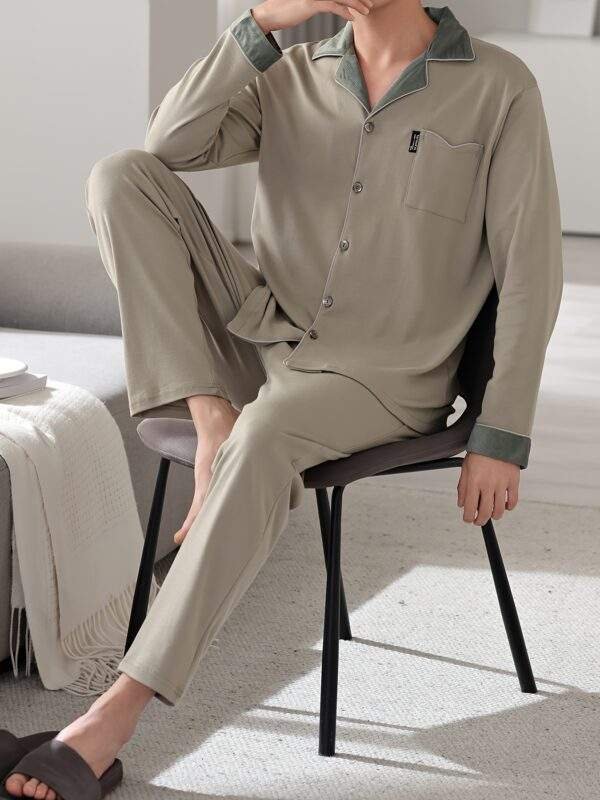 Men's Cotton Pajama Set - Casual Long Sleeve Button-Up Top & Pants, Breathable & Comfortable Loungewear for Spring/Fall