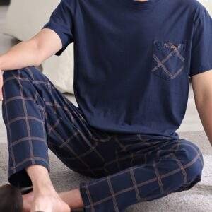 Plus Size 2 Pcs Men's Cotton Short Sleeve & Plaid Print Trousers Pajama Sets, Comfortable & Skin-friendly Style Pajamas For Men's Cozy Loungewear