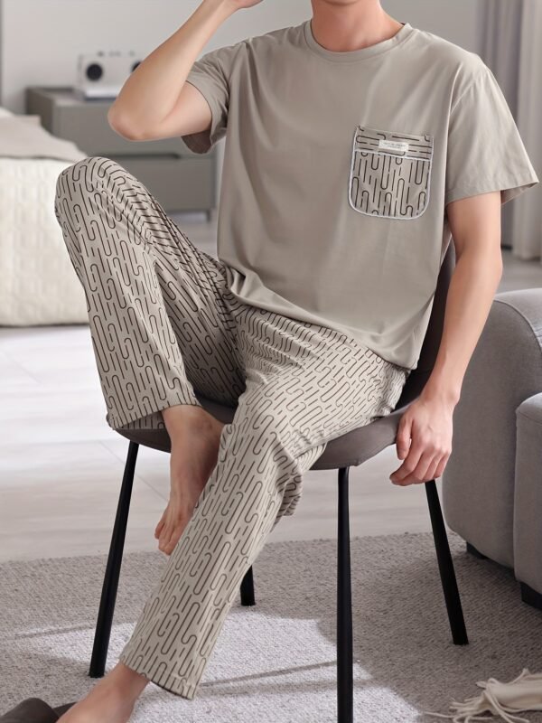Men's Lightweight Cotton Pajama Set - Casual Solid Color Short Sleeve Tee & Pants, Breathable Summer Sleepwear with Pockets - Image 4