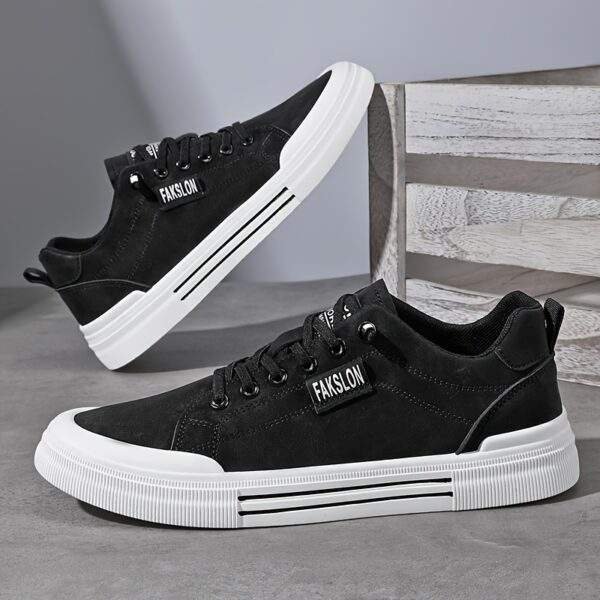 Fashion-Forward Men's Sneakers for Spring & Fall - Versatile Black with White Accents, Casual Lace-Up Style, Durable PU Upper & EVA Insole, Perfect for Casual Attire - Image 3