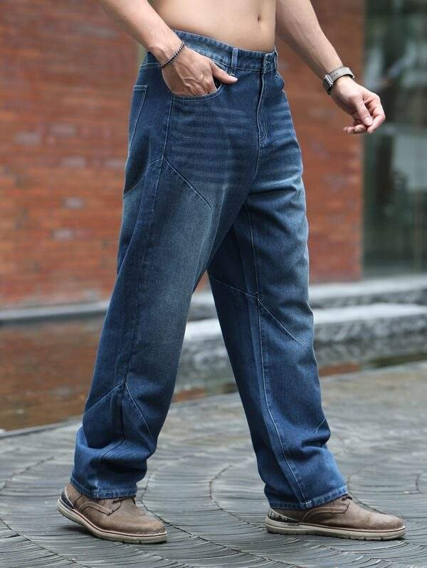 Men’s Plus Size Loose Fit Straight Leg Jeans – Washed Deep Blue Denim, Casual Non-Stretch Fabric, Spring/Fall Relaxed Fit Pants - Image 3