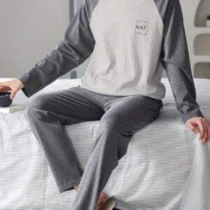 Two-Piece Men'S Cotton Pajamas And Sleep Pants Spring And Autumn Round Neck Breathable Sweat-Absorbent Home Clothes, Sweat-Resistant