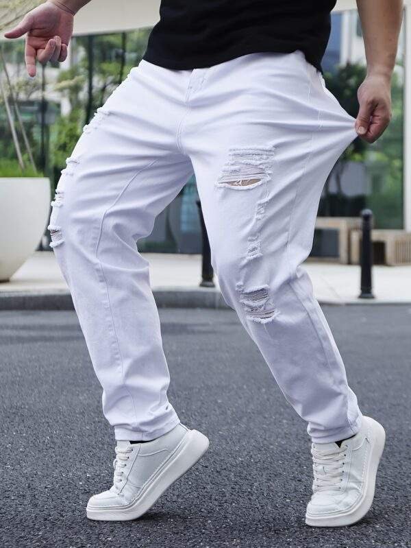 Men’s Plus Size Ripped Skinny Jeans – High Stretch Cotton-Elastane Blend, Solid Color, All-Season, 369g/m² Fabric - Image 5