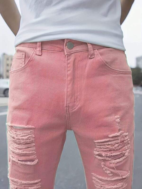 Plus Size Men’s Ripped Solid Denim Trousers – Slim Fit Cotton Blend Jeans with Pockets for Outdoor Activities - Image 10