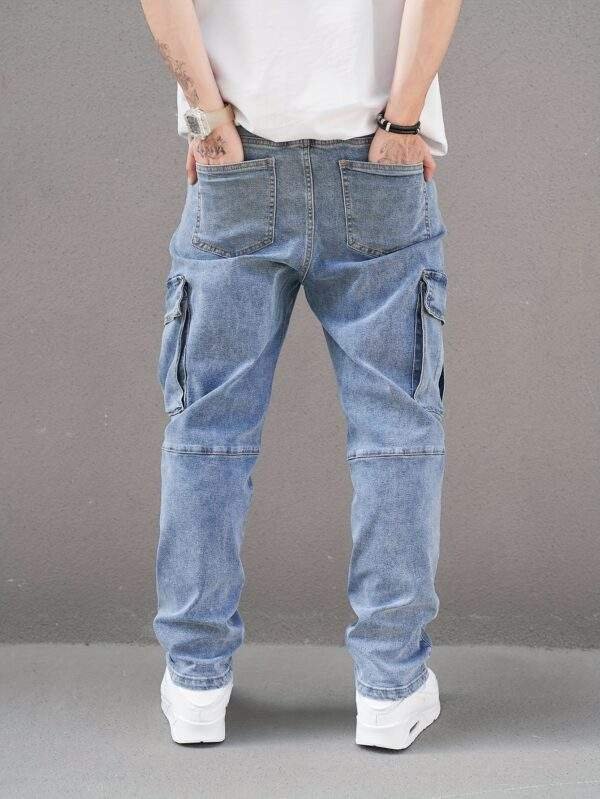 Men’s Plus Size Cargo Jeans – Stretch Denim, Slim Fit, Washed Blue, Pockets, Fall/Winter Casual Wear - Image 2