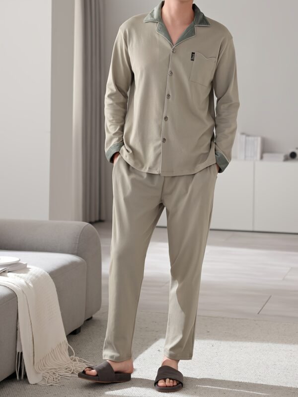 Men's Cotton Pajama Set - Casual Long Sleeve Button-Up Top & Pants, Breathable & Comfortable Loungewear for Spring/Fall - Image 5