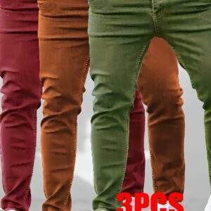 3pcs Men’s Premium Casual Cotton-Blend Denim Jeans – Skinny Fit, Stretch Woven, Washed Detail, Solid Colors, Regular Length, All-Season Combo Pack