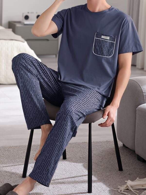 Easy Care, Men's Summer Cotton Pajama Set - Casual Short Sleeve & Long Pants, Breathable Lightweight Sleepwear with Pockets - Image 3