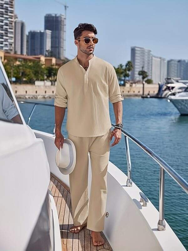 Men'S 2pcs Cotton Sweatsuit Set Casual Henley Long Sleeve Shirt and Beach Trousers with Pockets Yoga Outfit Solid Color Non-Stretch Woven Fabric Spring/Fall Button Details Regular Fit - Image 6