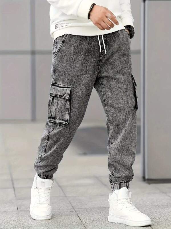 Men’s Slim Fit Cargo Jeans – Stylish Gray Denim, Multi-Pocket, Durable Cotton-Polyester Blend, All-Season - Image 3
