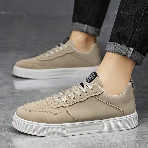 Men's 2025 New Low-Top Skate Sneakers - Beige Canvas Lace-Up Casual Streetwear Shoes with PVC Sole, Breathable Fabric Lining & Minimalist Design for All-Season Urban Outdoor Comfort, Skate Shoes, Durable Traction Footwear - Image 4