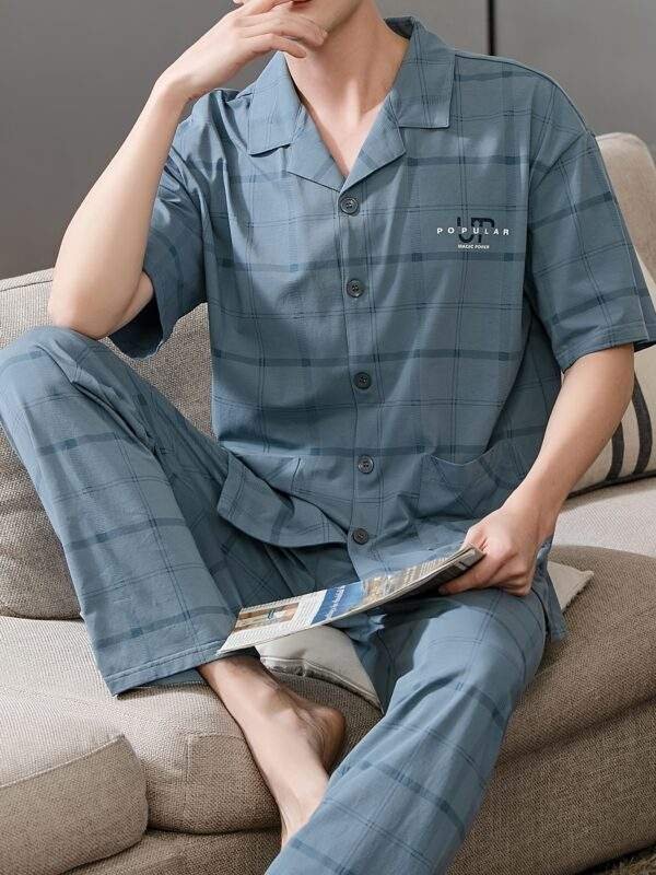 Plus Size 2 Pcs Men's 100.00% Cotton Plaid Print Lapel Short Sleeve & Trousers Pajama Set, Comfy & Skin-friendly Style Pajamas For Men's Cozy Loungewear - Image 2