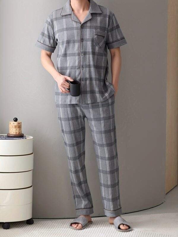 Men's Cotton Pajama Set - Lightweight, Breathable Summer Sleepwear with Short Sleeve Button-Up Top & Long Pants, Plus Size Available - Image 5
