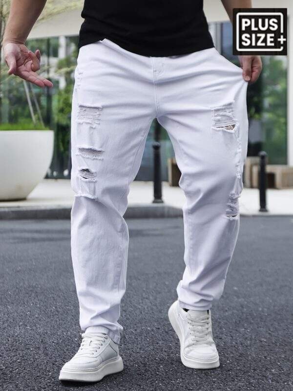 Men’s Basics Ripped Jeans – Cotton Blend, Medium Stretch, Solid Color, Regular Fit, All-Season, Plus Size - Image 5