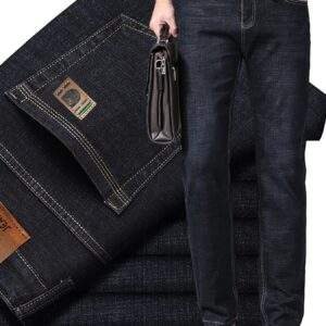 Men's Plus Size Business Casual Jeans – Light Blue Stretch Denim with Gold Buttons, Comfortable & Durable All-Season
