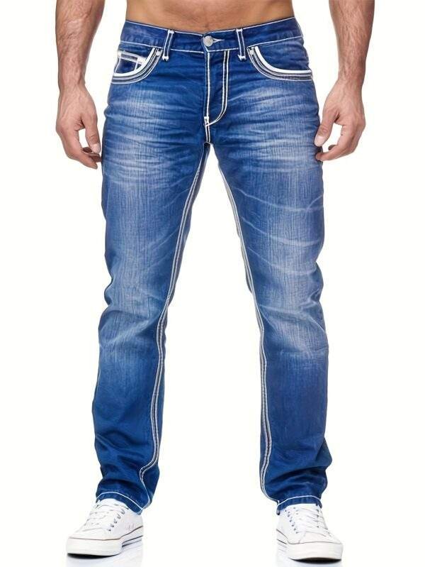 Men’s Slim-Fit Embroidered Pocket Jeans – Dark Blue Stretch Denim with White Stitching, Casual, Machine Washable, All-Season Versatile - Image 4