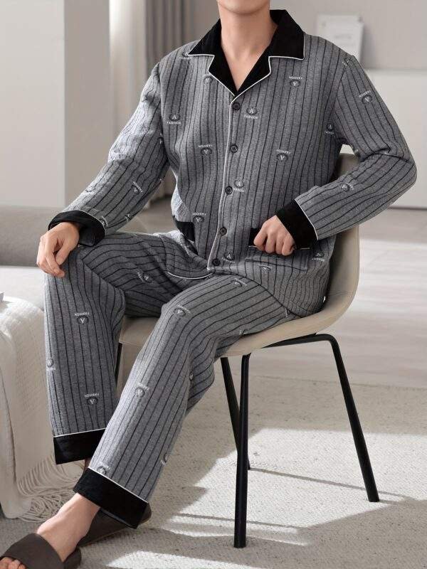 Men'S Casual Cotton Pajama Set with Lapel Collar, Geometric-Pattern, Long Sleeve, Loose Fit, Slight Stretch, Knit Fabric, Winter Warm Thickened, Triple-Layer Cotton Lined Sleepwear with Pockets - Image 3